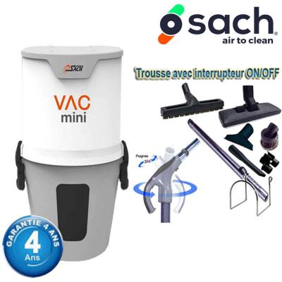Centrale d'aspiration SACH VAC MINI garantie 4 ans (jusqu’à 400 m²) + Set inter 9 M + 8 accessoires + 1 Kit de nettoyage micro offert