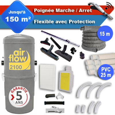 Aspirateur central AIRFLOW 2100 garantie 5 ans + flexible rétractable 15 m avec housse de protection + poignée marche/arrêt + 7 accessoires + kit 1 prise RETRAFLEX + kit prise balai (rayon d'action 150 m2)