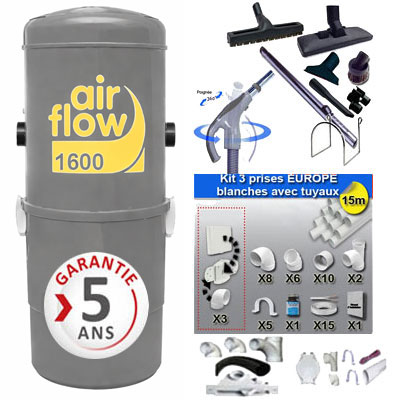 Aspirateur central AIRFLOW 1600 garantie 5 ans (jusqu’à 300 m²) + trousse inter 9 ML + 8 accessoires + kit 3 prises + kit prise balai + kit prise garage
