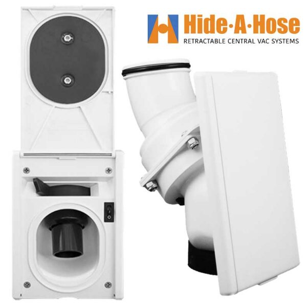 Prise murale blanche Hide-A-Hose nouvelle génération, 20% plus petit que le premier modèle