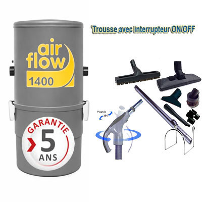 Aspirateur central AIRFLOW 1400 garantie 5 ans (jusqu’à 180 m²) + trousse inter 9 ML + 8 accessoires + 1 Kit de nettoyage micro offert