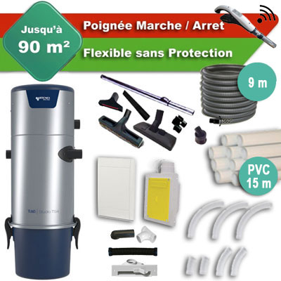 Aspirateur central AERTECNICA TS2 garantie 3 ans + flexible rétractable 9 m + poignée marche/arrêt + 7 accessoires + kit 1 prise RETRAFLEX + kit prise balai (rayon d'action 90 m2), CMTS2