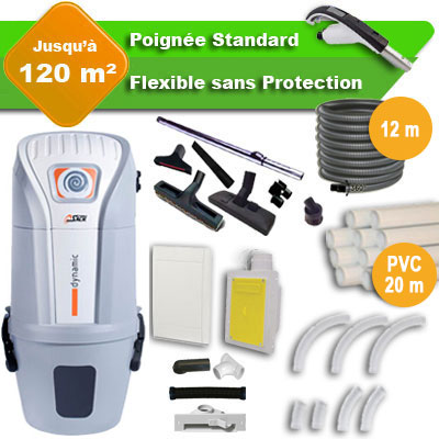 Aspirateur central SACH VAC Dynamic 1.8 kW garantie 4 ans + flexible rétractable 12 m standard + 7 accessoires + kit 1 prise RETRAFLEX + kit prise balai (rayon d'action 120 m2)