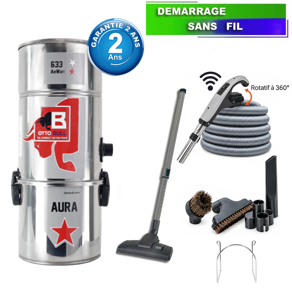 Aspirateur central type ALDES, OTTO BULL AURA 300 INOX (jusqu’à 300 m²) + set accessoires - Garantie 2 ans, SISTEM AIR VAC63M