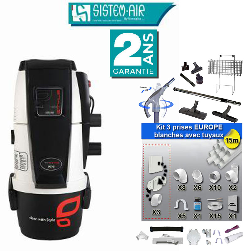 Aspiration centralisée sans sac Air Tecno Style MINI 150 (jusqu’à 150 m²), Garantie 2 ans + Set inter 9 M + 8 accessoires + kit 3 prises + kit prise balai + kit prise garage
