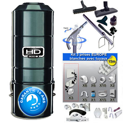 ASPIRATEUR CENTRAL SANS SAC SANS FILTRE HD800C (jusqu’à 350 M²) GARANTIE 10 ans + set inter 9 M + 8 accessoires + kit 3 prises + kit prise balai + kit prise garage