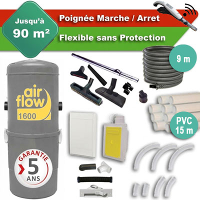 Aspirateur central AIRFLOW 1600 garantie 5 ans + flexible rétractable 9 m + poignée marche/arrêt + 7 accessoires + kit 1 prise RETRAFLEX + kit prise balai (rayon d'action 90 m2)
