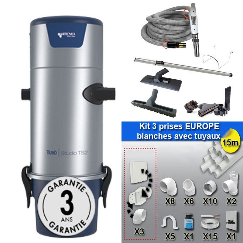 Aspiration centralisée AERTECNICA TS2 (jusqu’à 400 m²), Sans Sac - GARANTIE 3 ANS - Avec 1 trousse flexible à variateur 9m + 8 accessoires + kit 3 prises + kit prise balai + kit prise garage, CMTS2