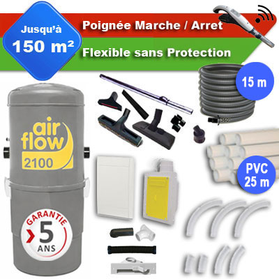 Aspirateur central AIRFLOW 2100 garantie 5 ans + flexible rétractable 15 m + poignée marche/arrêt + 7 accessoires + kit 1 prise RETRAFLEX + kit prise balai (rayon d'action 150 m2)