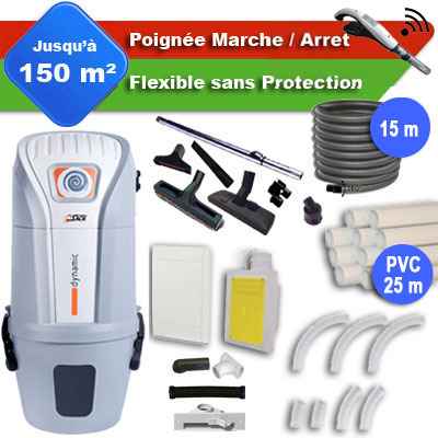 Aspirateur central SACH VAC Dynamic 2.4 kW garantie 4 ans + flexible rétractable 15 m + poignée marche/arrêt + 7 accessoires + kit 1 prise RETRAFLEX + kit prise balai (rayon d'action 150 m2)