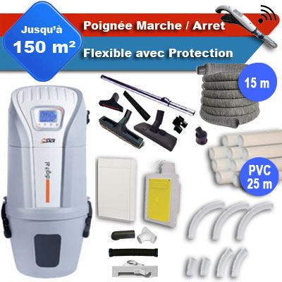 Aspirateur central SACH VAC Digital 2.4 kW garantie 4 ans + flexible rétractable 15 m avec housse de protection + poignée marche/arrêt + 7 accessoires + kit 1 prise RETRAFLEX + kit prise balai (rayon d'action 150 m2)