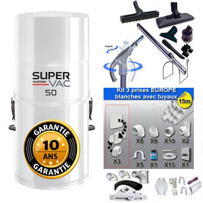 Aspirateur central à sac HAYDEN SuperVac 50 GARANTIE 10 ANS (jusqu’à 250 m²) + trousse inter 9 ML + 8 accessoires + kit 3 prises + kit prise balai + kit prise garage