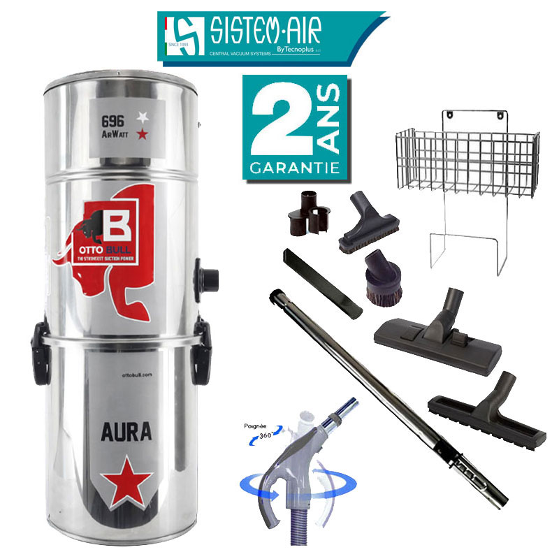 Aspiration centralisée avec sac OTTO BULL AURA 400 INOX (jusqu’à 400 m²) + Set inter 9 M + 8 accessoires + 1 kit de nettoyage micro