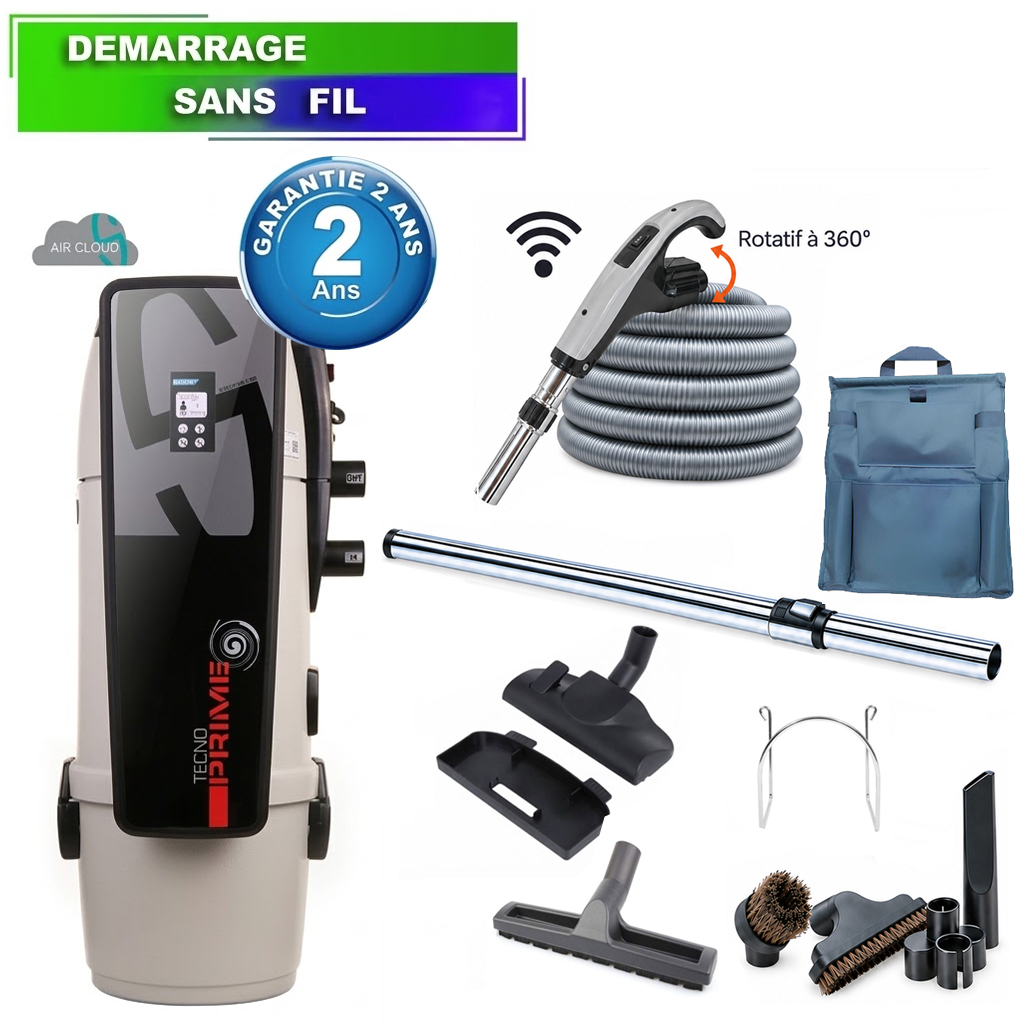 Aspirateur central type ALDES, tecno Prime 350 (jusqu’à 350 m²) + set accessoires - Garantie 2 ans, SISTEM AIR 3113.3TPR