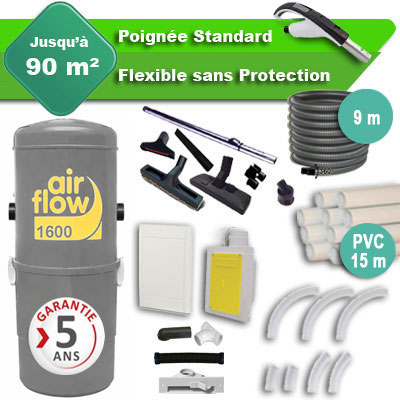 Aspirateur central AIRFLOW 1600 garantie 5 ans + flexible rétractable 9 m standard + 7 accessoires + kit 1 prise RETRAFLEX + kit prise balai (rayon d'action 90 m2)