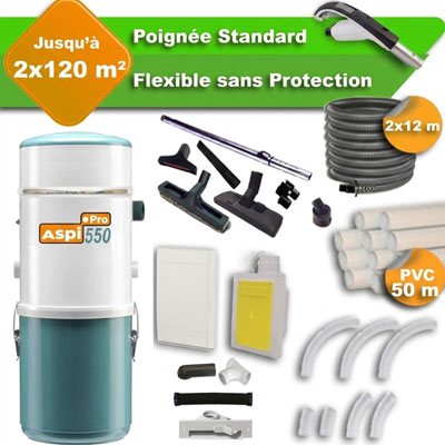 Aspiration centralisée Aspi-pro 550 garantie 5 ans + 2 Sets 12 m RETRAFLEX + 14 accessoires + kit 2 prises RETRAFLEX nouvelle génération, 20% plus petit que le premier modèle! + kit prise balai + kit prise garage (rayon d'action 2 X 120 m2)