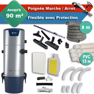 Aspirateur central Aertecnica TS2 garantie 3 ans + flexible rétractable 8 m avec housse de protection + poignée marche/arrêt + 7 accessoires + kit 1 prise RETRAFLEX + kit prise balai (rayon d'action 90 m2)
