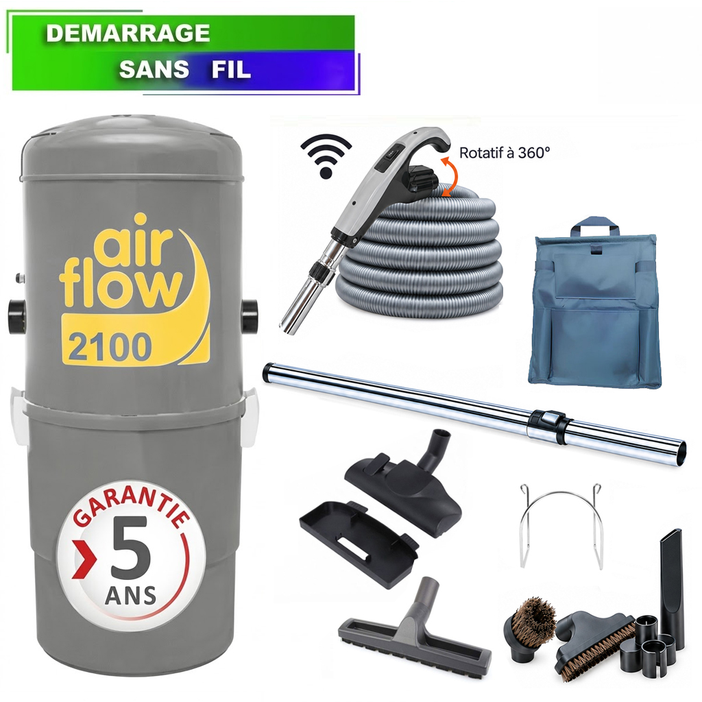 Aspirateur central type ALDES, Airflow 2100 (surface jusqu’à 400 m²) + set accessoires - Garantie 5 ans
