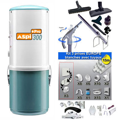 Aspirateur central ASPI PRO 300 garantie 5 ans (jusqu’à 300 m²) + trousse inter 9 ML + 8 accessoires + kit 3 prises + kit prise balai + kit prise garage