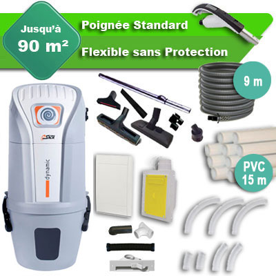 Aspirateur central SACH VAC Dynamic 1.6 kW garantie 4 ans + flexible rétractable 9 m standard + 7 accessoires + kit 1 prise RETRAFLEX + kit prise balai (rayon d'action 90 m2)