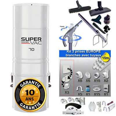 Aspirateur central hybride HAYDEN SuperVac 70 GARANTIE 10 ANS (jusqu’à 350 m²) + trousse inter 9 ML + 8 accessoires + kit 3 prises + kit prise balai + kit prise garage