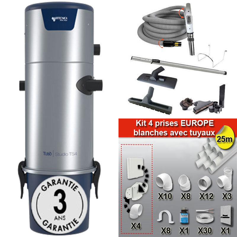 Aspiration centralisée AERTECNICA TS4 (jusqu’à 700 m²), Sans Sac - GARANTIE 3 ANS  - Avec 1 trousse flexible à variateur 9m + 8 accessoires + kit 4 prises + kit prise balai + kit prise garage, CMTS4