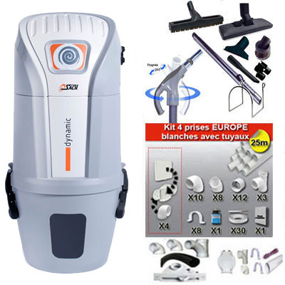 Aspiration centralisée SACH VAC Dynamic 2.4 kW garantie 4 ans (jusqu'à 500 M²) + Set inter 9 M + 8 accessoires + kit 4 prises + kit prise balai + kit prise garage_1