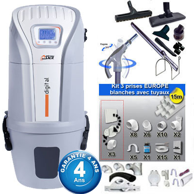 Aspiration centralisée SACH VAC Digital 1.8 kW garantie 4 ans (jusqu'à 300 M²) + Set inter 9 M + 8 accessoires + kit 3 prises + kit prise balai + kit prise garage