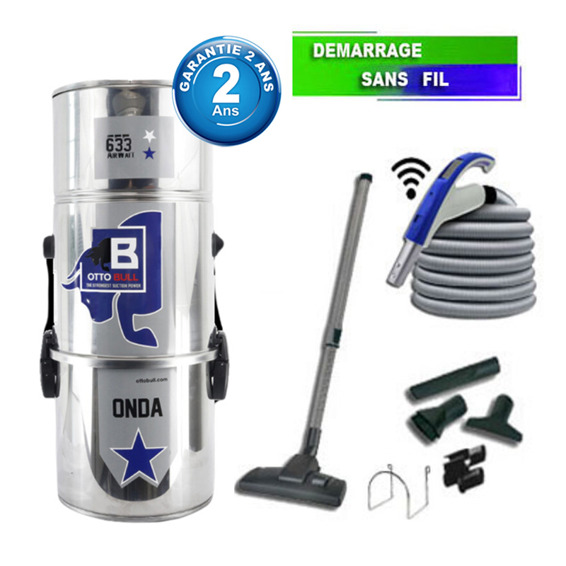 Aspirateur central type ALDES, OTTO BULL ONDA 300 INOX (jusqu’à 300 m²) + set accessoires - Garantie 2 ans,  SISTEM AIR VAC63A
