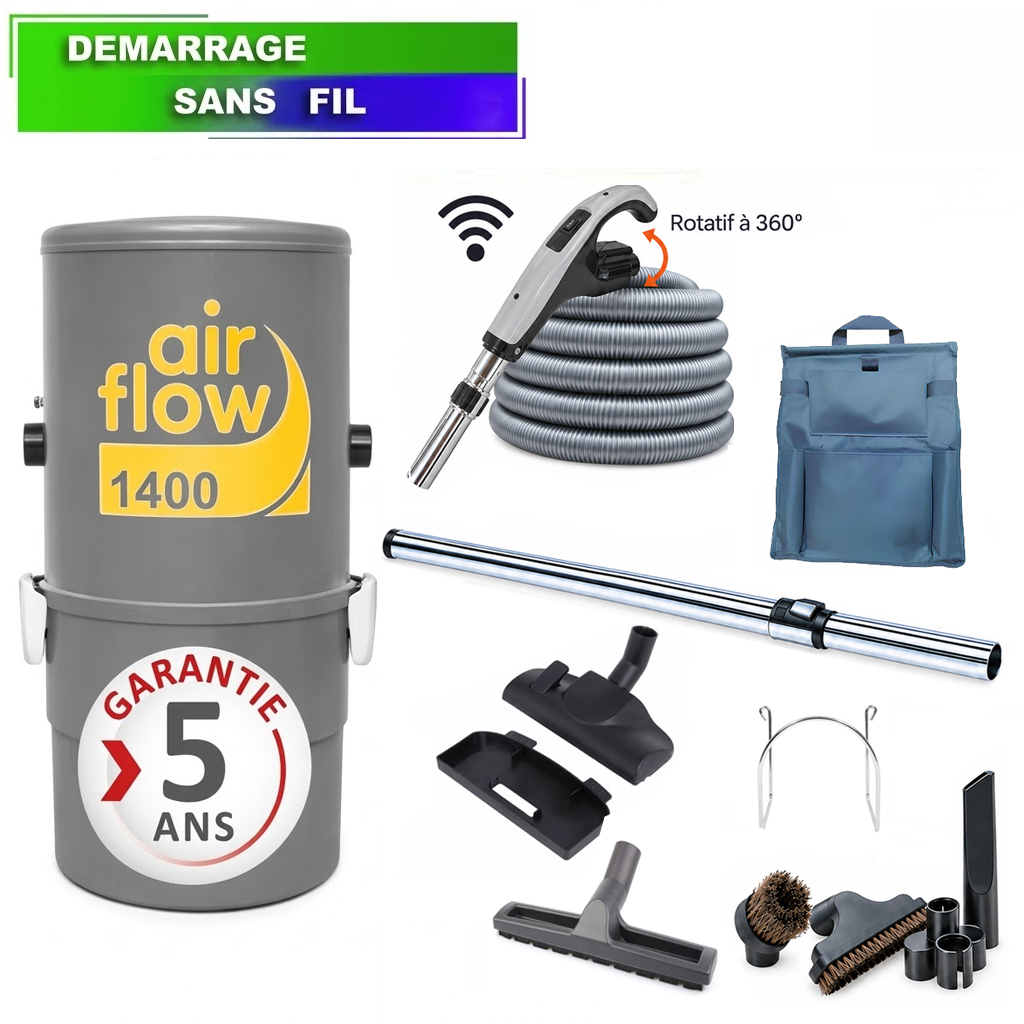 Aspirateur central type ALDES, Airflow 1400 (surface jusqu’à 180 m²) + set accessoires - Garantie 5 ans