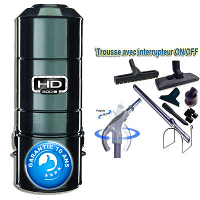 ASPIRATEUR CENTRAL SANS SAC SANS FILTRE HD801C (jusqu’à 600 M²) GARANTIE 10 ans + set inter 9 M + 8 accessoires + 1 Kit de nettoyage micro offert