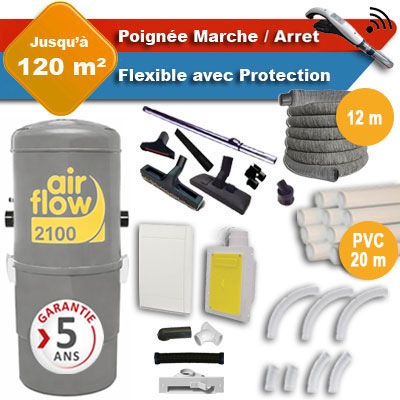 Aspirateur central AIRFLOW 2100 garantie 5 ans + flexible rétractable 12 m avec housse de protection + poignée marche/arrêt + 7 accessoires + kit 1 prise RETRAFLEX + kit prise balai (rayon d'action 120 m2)