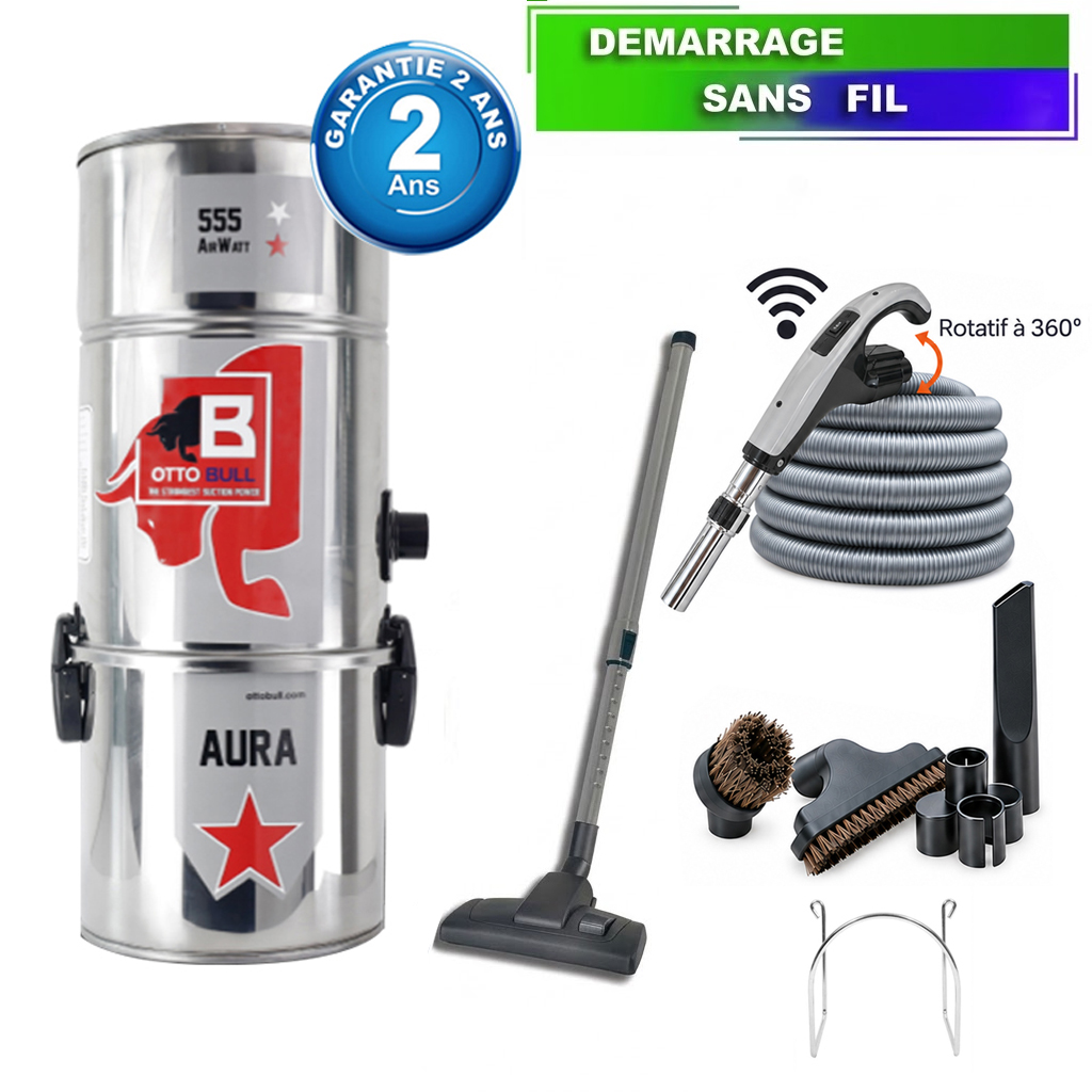 Aspirateur central type ALDES, OTTO BULL AURA 150 INOX (jusqu’à 150 m²) + set accessoires - Garantie 2 ans, SISTEM AIR VAC55AU
