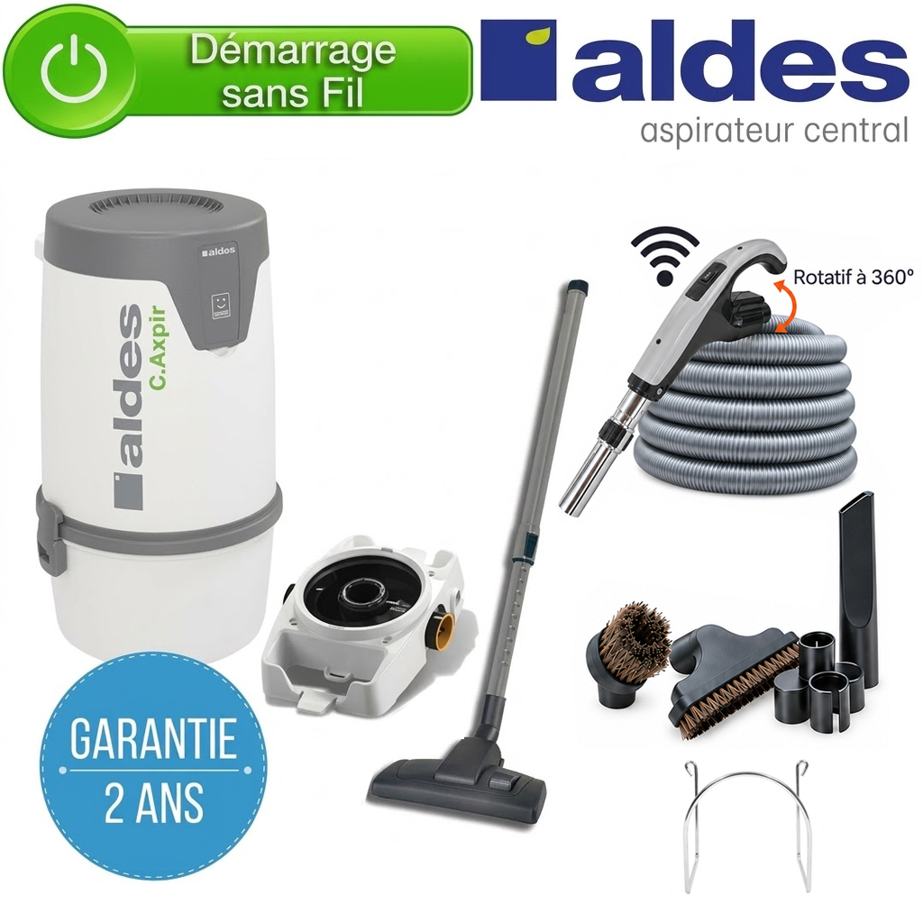 Aspirateur central ALDES Pack C.AXPIR INITIA - Garantie 2 ans - Surface jusqu’à 200 m² - Set de nettoyage - Berceau mural offert, 11071419