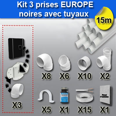Ensemble 3 prises europe avec tuyaux - noir