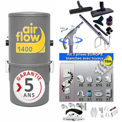 Aspirateur central AIRFLOW 1400 garantie 5 ans (jusqu’à 180 m²) + trousse inter 9 ML + 8 accessoires + kit 3 prises + kit prise balai + kit prise garage