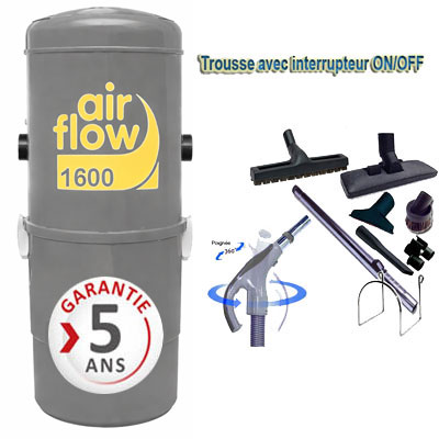 Aspirateur central AIRFLOW 1600 garantie 5 ans (jusqu’à 300 m²) + trousse inter 9 ML + 8 accessoires + 1 Kit de nettoyage micro offert