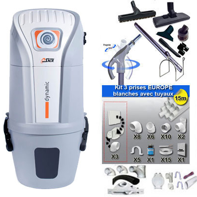 Aspiration centralisée SACH VAC Dynamic 1.8 kW garantie 4 ans (jusqu'à 300 M²) + Set inter 9 M + 8 accessoires + kit 3 prises + kit prise balai + kit prise garage_1