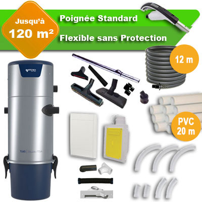 Aspirateur central AERTECNICA TS4 garantie 3 ans + flexible rétractable  12 m standard + 7 accessoires + kit 1 prise RETRAFLEX + kit prise balai (rayon d'action 120 m2), CMTS4