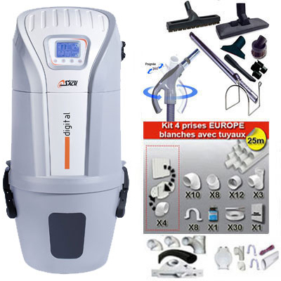 Aspiration centralisée SACH VAC Digital 2.4 kW garantie 4 ans (jusqu'à 500 M²) + Set inter 9 M + 8 accessoires + kit 4 prises + kit prise balai + kit prise garage_1