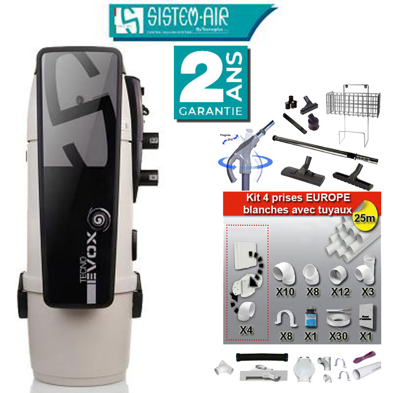 Aspiration centralisée Tecno Evox 350 (jusqu’à 350 m²), Garantie 2 ans + Set inter 9 M + 8 accessoires + kit 4 prises + kit prise balai + kit prise garage