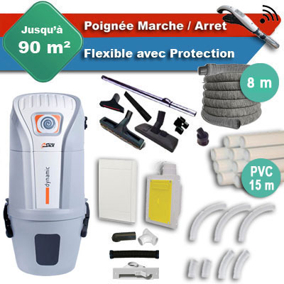 Aspirateur central SACH VAC Dynamic 1.6 kW garantie 4 ans + flexible rétractable 8 m avec housse de protection + poignée marche/arrêt + 7 accessoires + kit 1 prise RETRAFLEX + kit prise balai (rayon d'action 90 m2)