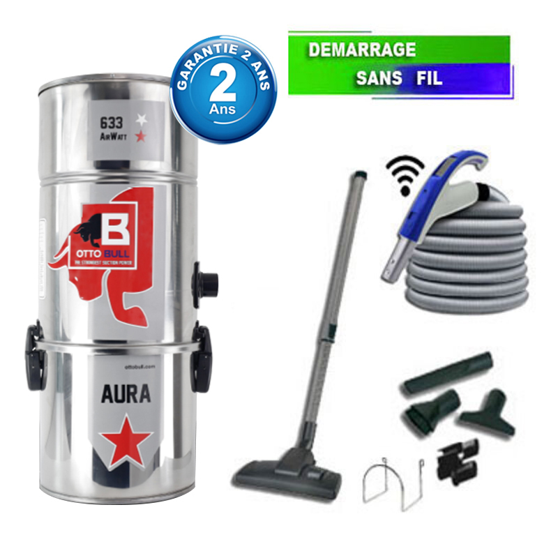 Aspirateur central type ALDES, OTTO BULL AURA 300 INOX (jusqu’à 300 m²) + set accessoires - Garantie 2 ans, SISTEM AIR VAC63M