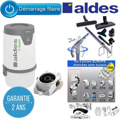 Aspirateur central ALDES Pack C.AXPIR INITIA Garantie 2 ANS (jusqu’à 200 m²) + Set inter 9 M + 8 accessoires + kit 3 prises + kit prise balai + kit prise garage + Berceau mural