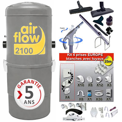 Aspirateur central AIRFLOW 2100 garantie 5 ans (jusqu’à 400 m²) + trousse inter 9 ML + 8 accessoires + kit 4 prises + kit prise balai + kit prise garage
