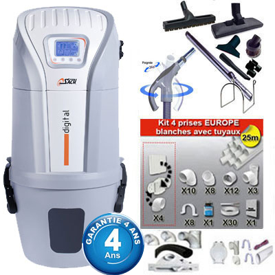 Aspiration centralisée SACH VAC Digital 2.4 kW garantie 4 ans (jusqu'à 500 M²) + Set inter 9 M + 8 accessoires + kit 4 prises + kit prise balai + kit prise garage