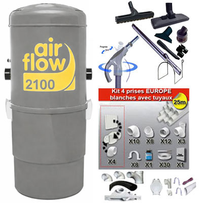 Aspirateur central AIRFLOW 2100 garantie 5 ans (jusqu’à 400 m²) + trousse inter 9 ML + 8 accessoires + kit 4 prises + kit prise balai + kit prise garage_1
