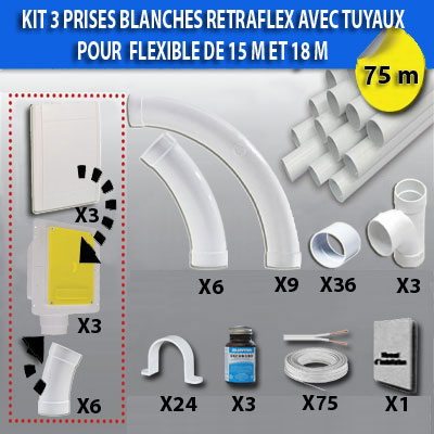 Kit 3 prises RETRAFLEX blanches nouvelle génération, 20% plus petit que le premier modèle - longueur de tuyaux 75m