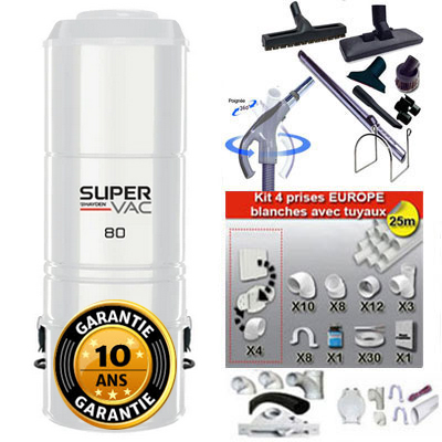 Aspirateur central hybride HAYDEN SuperVac 80 GARANTIE 10 ANS (jusqu’à 500 m²) + trousse inter 9 ML + 8 accessoires + kit 4 prises + kit prise balai + kit prise garage