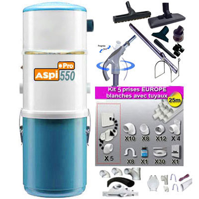 Aspiration centralisée ASPI PRO 550 garantie 5 ans (jusqu'à 500 M²) + Set inter 9 M + 8 accessoires + kit 5 prises + kit prise balai + kit prise garage
